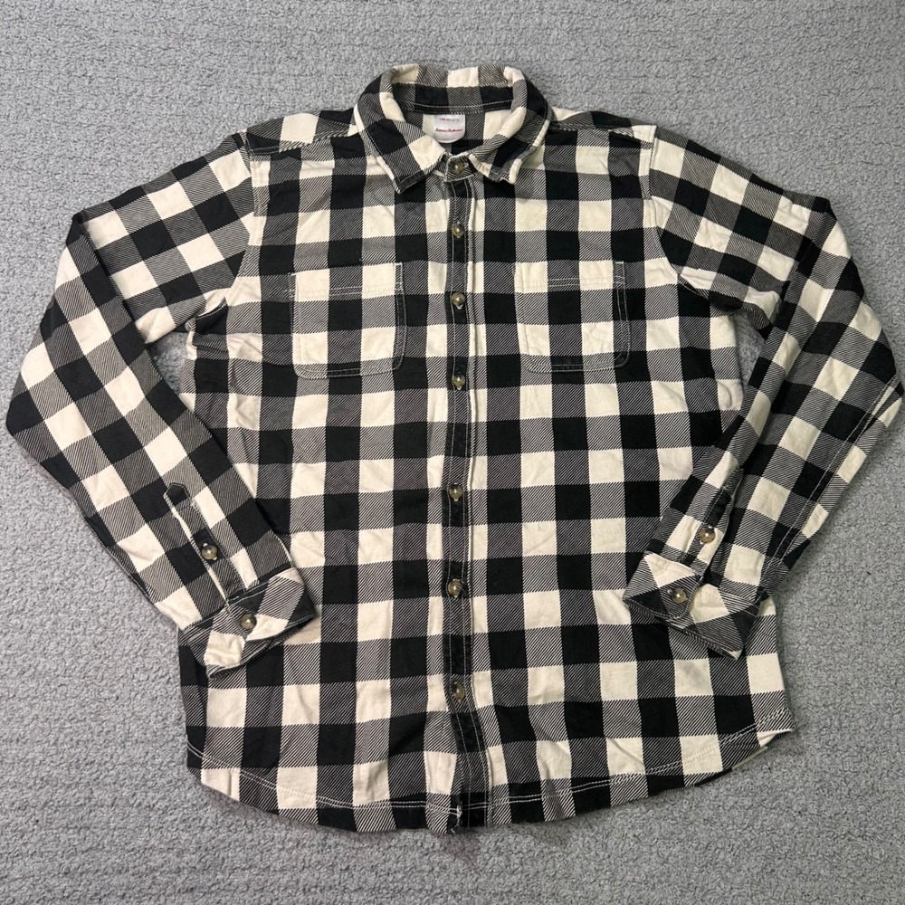 Hanna Andersson Flannel Shirt Buffalo Plaid Size‎ 12 Black Cream Cabin Core Gorp
